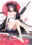  &gt;:t 1girl :t ahoge artist_name barefoot black_hair blush camisole closed_mouth collarbone crossed_legs english full_body gun head_tilt holding holding_gun holding_weapon horns izumi_k_rukawa long_hair looking_at_viewer midriff original red_eyes rifle shorts sitting solo sparkle very_long_hair watermark weapon weapon_request web_address 