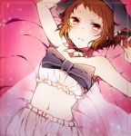  1girl arm_up black_bow blush bow brown_hair detached_collar from_above hat hyouka ibara_mayaka kiri_(lwp01_lav) lying madoromi_no_yakusoku midriff navel on_back parted_lips red_eyes short_hair solo sparkle 