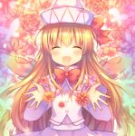  1girl ^_^ blonde_hair bow closed_eyes fairy_wings flower hat hat_bow lily_white long_hair open_hands open_mouth pjrmhm_coa smile solo touhou wings 