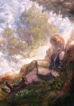  1girl blurry city clouds depth_of_field detached_sleeves earrings elf fantasy flower hair_flower hair_ornament highres jewelry long_hair original pointy_ears profile reading scenery sitting solo tree you_(shimizu) 