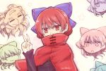  1girl bow cape character_name dra hair_bow hidden_mouth multiple_heads nukekubi red_eyes redhead sekibanki solo touhou v 