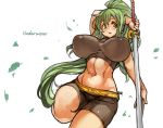  1girl :o bike_shorts blush breasts covered_nipples green_hair groin high_ponytail holding holding_sword holding_weapon large_breasts leg_up long_hair navel open_mouth original sachito sidelocks solo sumi-chan_(sachito) sword weapon yellow_eyes 
