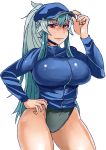 1girl alternate_costume alternate_hairstyle bangs black_swimsuit blue_hair breasts cowboy_shot hair_between_eyes hand_on_headwear hand_on_hip heiseikorotaisei hips jacket kamishirasawa_keine large_breasts long_ponytail looking_at_viewer multicolored_hair no_pants red_eyes shiny shiny_clothes sidelocks simple_background smile solo swimsuit thick_thighs thighs touhou track_jacket two-tone_hair visor_cap white_background 
