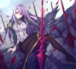  1girl absurdres high_heels highres jacket long_hair maruchi open_clothes open_jacket open_mouth original pants purple_hair red_eyes sitting sky sword weapon 