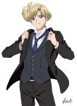  1girl bishoujo_senshi_sailor_moon blonde_hair blue_eyes cowboy_shot crossdressinging formal highres necktie reverse_trap short_hair signature smile solo suit takamachi_fate ten&#039;ou_haruka waistcoat 