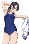  1girl black_eyes black_hair blush breasts highres looking_at_viewer matsunaga_kouyou one-piece_swimsuit original outstretched_arm school_swimsuit school_uniform serafuku short_hair simple_background solo swimsuit white_background 