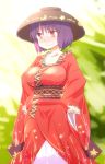  1girl :3 alternate_breast_size blush bowl breasts collarbone cowboy_shot dra hands_on_hips japanese_clothes kimono large_breasts purple_hair red_eyes smile solo sukuna_shinmyoumaru touhou wavy_mouth wide_sleeves 