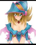  1girl bare_shoulders blonde_hair blush blush_stickers boots breasts choker cleavage dark_magician_girl duel_monster green_eyes hat highres large_breasts long_hair love_(pspdspsp) pentacle solo staff wizard_hat yuu-gi-ou yuu-gi-ou_duel_monsters 