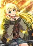  1girl :d ahoge belt blonde_hair blush denim denim_shorts green_eyes highres hina_(araburu-hinadori) hoshii_miki idolmaster long_hair looking_at_viewer open_mouth revision scarf shorts smile solo striped striped_scarf 