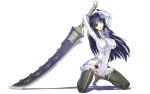  1girl arms_up black_hair blue_hair boots breasts covered_nipples eyepatch flower full_body green_eyes hair_flower hair_ornament highres holding huge_weapon kneeling large_breasts long_hair long_sleeves nagisa_(psp2i) nakabayashi_reimei open_mouth panties phantasy_star phantasy_star_portable_2_infinity simple_background solo sword thigh-highs thigh_boots underwear uniform weapon white_background 