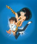  1boy 1girl 80s bikini blue_background blue_eyes boots green_hair grin horns long_hair lowres lum moroboshi_ataru official_art oldschool oni smile swimsuit tiger_print urusei_yatsura 