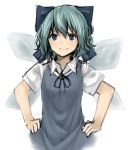  1girl blue_eyes blue_hair cirno hands_on_hips looking_at_viewer netamaru short_hair sketch smile solo touhou upper_body white_background 
