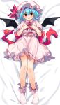  1girl absurdres bat_wings bed_sheet blue_hair blush fangs full_body hands_on_own_chest hat hat_ribbon highres lying mob_cap nekozuwa on_back open_mouth red_eyes remilia_scarlet ribbon short_sleeves skirt socks solo touhou wings 