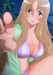  1girl aquila_yuna beach bikini blue_eyes blurry breasts brown_hair cleavage collarbone depth_of_field green_jacket jacket large_breasts long_hair night open_clothes open_jacket outdoors palm_tree purple_bikini saint_seiya_omega smile solo swimsuit tree yadokari_genpachirou 