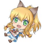  bag bell blonde_hair chibi dress extra_ears green_eyes hood hood_down long_hair looking_at_viewer meowstress monster_hunter monster_hunter_x open_mouth paw_print pointy_ears short_ponytail sidelocks solo wisewolf_art 