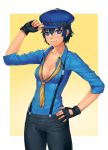  1girl blue_hair breasts cleavage fingerless_gloves gloves hat lasterk looking_at_viewer persona persona_4 persona_4:_dancing_all_night shirogane_naoto short_hair smile solo suspenders 