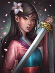  1girl abigail_diaz artist_name black_hair brown_eyes chinese_clothes chromatic_aberration disney fa_mulan_(disney) fighting_stance flower hair_flower hair_ornament holding holding_sword holding_weapon lips long_hair mulan petals solo sword upper_body vignetting watermark weapon 