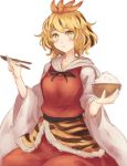  1girl black_hair blonde_hair blush chopsticks eating hair_ornament multicolored_hair rice rice_bowl solo sweatdrop terajin tiger_print toramaru_shou touhou two-tone_hair white_background wide_sleeves yellow_eyes 