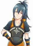  1girl armor bangs blue_hair breastplate brown_eyes craneace elbow_gloves eyebrows eyebrows_visible_through_hair fire_emblem fire_emblem_if gloves hair_between_eyes hand_on_hip head_tilt long_hair oboro_(fire_emblem_if) ponytail simple_background upper_body white_background 