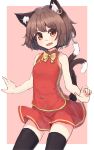  1girl animal_ears black_legwear blush brown_eyes brown_hair cat_ears cat_tail chen fang highres jewelry looking_at_viewer multiple_tails open_mouth shone single_earring sketch skirt sleeveless smile solo tail thigh-highs touhou two_tails zettai_ryouiki 