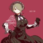  1girl bangs black_gloves blonde_hair breasts closed_mouth commentary_request cowboy_shot dangan_ronpa_(series) dangan_ronpa_v3:_killing_harmony dated dress gloves green_eyes hair_ornament hair_over_one_eye hand_up hat kiri_(2htkz) large_breasts long_sleeves looking_at_viewer maid_headdress necktie pinafore_dress red_background shirt short_hair simple_background smile solo spider_web_print toujou_kirumi 