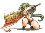  1girl bike_shorts black_gloves breasts copyright_name fingerless_gloves gloves green_hair high_ponytail holding holding_sword holding_weapon large_breasts long_hair monster_hunter monster_hunter_x navel original sachito shadow simple_background solo squatting sumi-chan_(sachito) sword toeless_socks very_long_hair weapon white_background yellow_eyes 