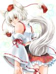  1girl animal_ears bare_shoulders breasts crop_top detached_sleeves hat inubashiri_momiji looking_at_viewer looking_back midriff miniskirt pom_pom_(clothes) red_eyes ribbon-trimmed_sleeves ribbon_trim short_hair silver_hair skirt solo tail tokin_hat touhou wolf_ears wolf_tail 
