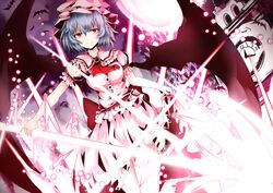  1girl bat bat_wings blue_hair brochette chiruru96 clock cross dress hat highres looking_at_viewer moon puffy_sleeves red_eyes remilia_scarlet short_hair short_sleeves slit_pupils smile solo touhou vampire white_dress wings 