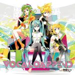  1boy 3girls album_cover anklet arm_warmers ascot barefoot black_legwear blue_eyes blue_hair boots bow closed_mouth cover crossed_legs detached_sleeves expressionless frilled_skirt frills goggles goggles_on_head green_eyes green_hair green_skirt gumi hair_bow hand_on_own_knee hatsune_miku headphones highres jacket jewelry kagamine_len kagamine_len_(append) kagamine_rin kagamine_rin_(append) long_hair long_sleeves looking_at_viewer megpoid_(vocaloid3) miku_append multiple_girls navel navel_cutout open_clothes open_jacket open_mouth orange_jacket orange_shoes osamu_(jagabata) see-through shirt shoes short_hair sidelocks sitting skirt sleeveless sleeveless_shirt smile suspenders text toeless_legwear twintails vocaloid vocaloid_append 