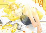  1girl ayakami barefoot blonde_hair earrings feet hands_above_head high_heels jacket jewelry knees_up looking_at_viewer lying midriff nail_polish on_back on_bed one_eye_closed original parted_lips petals pillow shoes shoes_removed solo wristband yellow yellow_eyes yellow_jacket yellow_nails yellow_shoes 