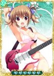  1girl armpits blue_ribbon bra breasts brown_eyes brown_hair card_(medium) cleavage grisaia_(series) grisaia_no_kajitsu guitar hair_ribbon instrument irisu_makina looking_at_viewer navel open_mouth panties pink_bra pink_panties ribbon short_hair solo underwear 