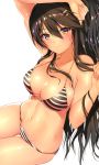  1girl bare_shoulders bikini black_hair blush breasts brown_eyes cleavage collarbone hair_ornament hairclip haruna_(kantai_collection) kantai_collection large_breasts long_hair looking_at_viewer matarou_(genkai_toppa) navel remodel_(kantai_collection) shiny shiny_skin simple_background smile solo striped striped_bikini striped_swimsuit swimsuit white_background 