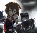  1girl ahoge aiming aiming_at_viewer backlighting blue_eyes blurry braid brown_hair cannon commentary depth_of_field fingerless_gloves foreshortening gloves hair_flaps hair_ornament hair_over_shoulder hairpin highres kantai_collection looking_at_viewer machinery neckerchief outstretched_arm parted_lips rain remodel_(kantai_collection) rerubixi school_uniform serafuku shigure_(kantai_collection) short_sleeves single_braid solo sparks turret upper_body weapon wet wet_clothes wet_hair 