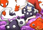  blue_eyes blue_hair commentary_request doremy_sweet dream_soul fish goldfish hat kan_(aaaaari35) lying nightcap pom_pom_(clothes) short_hair smile solo tail tapir_tail touhou white_background 