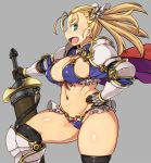  1girl armor bikini_armor black_legwear blonde_hair breasts covered_nipples eyebrows fang fat_folds gloves green_eyes grey_background hand_on_hip kawacchi_hirohiro large_breasts long_hair navel open_mouth original plump profile sheath sheathed simple_background solo sword thick_eyebrows thick_thighs thigh-highs thighs weapon 