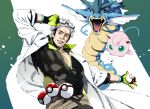  1boy glasses_on_head gloves gradient gradient_background grey_hair gyarados highres holding holding_poke_ball jigglypuff labcoat male_focus multicolored_hair muscle nobita poke_ball pokemon pokemon_(creature) pokemon_go popped_collar short_hair simple_background smile two-tone_hair upper_body willow_(pokemon) 