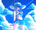  aduare_mi blouse blue_eyes blue_hair buttons clouds cloudy_sky crusaders_quest earrings hat highres jewelry looking_away midriff popsicle ribbon skirt sky spoon 
