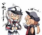  2girls anchor_hair_ornament blonde_hair closed_eyes commentary finger_gun gloves graf_zeppelin_(kantai_collection) hair_ornament hat iron_cross kanikama kantai_collection long_hair military military_hat military_uniform multiple_girls open_mouth peaked_cap prinz_eugen_(kantai_collection) simple_background sweat translated twintails uniform white_background white_gloves 
