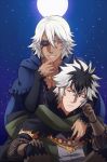  2boys artist_name asura_(fire_emblem_if) black_hair blue_eyes brown_eyes capelet craneace eyepatch fire_emblem fire_emblem_if gloves hood hoodie moon multicolored_hair multiple_boys night sitting sky star_(sky) teeth two-tone_hair white_hair zero_(fire_emblem_if) 