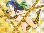  1girl bikini caution_tape fang green_eyes green_hair horns long_hair lum oni open_mouth polka_dot polka_dot_background sidelocks solo star starry_background swimsuit tiger_print urusei_yatsura yellow 