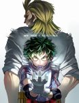  2boys absurdres all_might back-to-back blonde_hair boku_no_hero_academia copyright_name elbow_pads freckles frown gloves green_eyes green_hair grin highres male_focus midoriya_izuku multiple_boys serious sleeves_rolled_up smile torn_clothes upper_body veins watagashi0710 white_gloves 