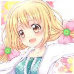  1girl bangs blonde_hair blush flower hair_ornament long_hair looking_at_viewer low_twintails nico_ame open_mouth original ribbon smile twintails 