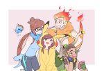  2boys 2girls :d arm_on_head arm_tattoo artist_name bare_shoulders black_gloves blonde_hair blue_gloves blue_legwear brown_eyes brown_hair bulbasaur_(cosplay) charmander_(cosplay) d.va_(overwatch) dark_skinned_male drone eyebrows eyebrows_visible_through_hair facepaint facial_mark fang fiery_hair fiery_tail fingerless_gloves fire floating glasses gloves green_gloves grin hair_bun hairlocs hood hoodie junkrat_(overwatch) lucio_(overwatch) mei_(overwatch) mismatched_gloves multicolored_hair multiple_boys multiple_girls open_mouth orange_eyes orange_gloves orange_hair overwatch panza pikachu_(cosplay) pikachu_costume pokemon ponytail robot sidelocks smile squirtle_(cosplay) tank_top tattoo turtle_shell two-tone_hair visor whisker_markings 