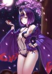  1girl absurdres breasts cherry_blossoms cleavage fate/grand_order fate_(series) hair_ornament hand_on_hip highres holding horns long_hair looking_at_viewer navel purple_hair short_hair shuten_douji_(fate/grand_order) side_ponytail small_breasts solo violet_eyes 