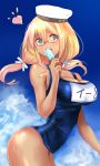  1girl blonde_hair breasts clouds food glasses green_eyes hat heart i-8_(kantai_collection) kantai_collection large_breasts long_hair looking_at_viewer popsicle school_swimsuit solo summer swimsuit tan untsue 