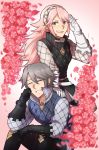  1boy 1girl closed_eyes craneace earrings father_and_daughter fire_emblem fire_emblem_if flower gloves grey_hair hairband jewelry lazward_(fire_emblem_if) long_hair open_mouth pink_hair rose sitting soleil_(fire_emblem_if) teeth violet_eyes 
