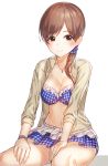  1girl bikini blush breasts brown_eyes brown_hair cleavage hair_over_shoulder idolmaster idolmaster_cinderella_girls kfr long_hair looking_at_viewer navel nitta_minami simple_background smile solo swimsuit 