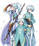  age_progression blue_hair blush cape circlet dash10 long_hair male_focus md5_mismatch mikleo_(tales) multicolored_hair multiple_persona one_eye_closed open_mouth ponytail short_hair smile staff tales_of_(series) tales_of_zestiria v violet_eyes white_hair 