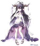  1girl ahoge arm_wrap bangs bikini bikini_bottom bikini_top black_hair breasts cleavage commentary_request danua granblue_fantasy hair_between_eyes horn_ornament horns jewelry large_breasts long_hair necklace sandals sarong sketch swimsuit thumb_sucking tomoyohi translation_request twitter_username violet_eyes white_bikini 