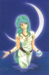  1girl blue_eyes breasts cleavage eyeshadow green_hair hair_over_shoulder holding horns jewelry long_hair lum makeup moon necklace oni orb solo urusei_yatsura wading water 